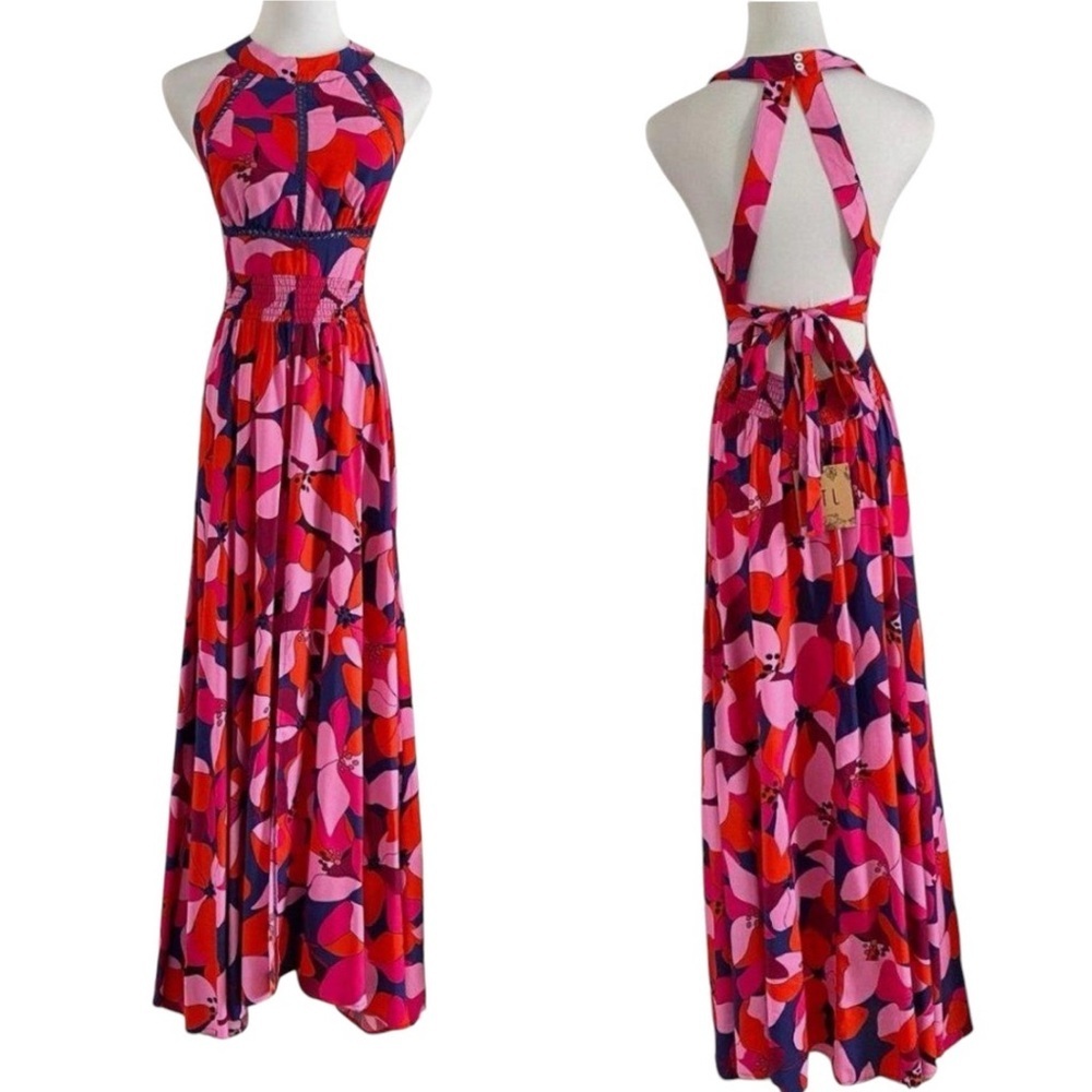 Anthropologie Able The Label Hollywood Print Maxi Dress XS Halter Front Slit